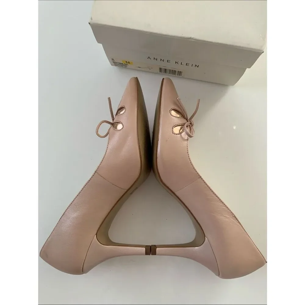 Anne Klein Blush Pointed-Toe Bow Leather Heels Flats Shoes Size 8
